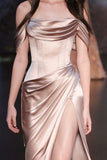 Niulatu Sheath Off The Shoulder Satin Champagne Slit Prom Dresses Evening Dress HZ1110