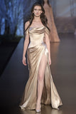 Niulatu Sheath Off The Shoulder Satin Champagne Slit Prom Dresses Evening Dress HZ1110