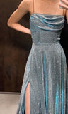 Niulatu A line Spaghetti Straps Blue Sequin Prom Dresses Long Evening Dress HZ1110