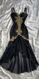 Niulatu High Low Straps Black Chiffon Lace Prom Dresses Ruffles Evening Dress HZ1110