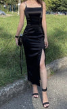 Niulatu Sheath Spaghetti Straps Black Slit Prom Dresses Satin Evening Dress HZ1110