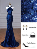 Niulatu Mermaid Halter Royal Blue Satin Long Prom Dresses Evening Dress HZ1110