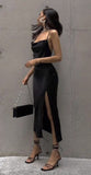 Niulatu Sheath Spaghetti Straps Slit Black Prom Dresses Evening Dress HZ1110