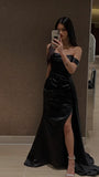 Niulatu Sheath Off The Shoulder Slit Black Satin Prom Dresses Evening Dress HZ1110