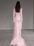 Niulatu Mermaid Long Sleeves Pink Long Prom Dresses HZ1110