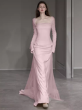 Niulatu Mermaid Long Sleeves Pink Long Prom Dresses HZ1110