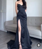 Niulatu Sheath Sweetheart Slit Black Satin Prom Dresses Evening Dress HZ1110
