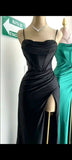 Niulatu Sheath Spaghetti Straps Black Slit Long Prom Dresses Evening Dress HZ1110