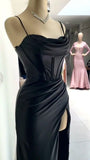 Niulatu Sheath Spaghetti Straps Black Slit Long Prom Dresses Evening Dress HZ1110