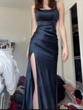 Niulatu Sheath Spaghetti Straps Black Slit Long Prom Dresses Evening Dress HZ1110