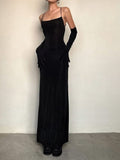 Niulatu Sheath Spaghetti Straps Black Long Prom Dresses Evening Dress With Gloves HZ1110
