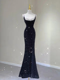 Niulatu Mermaid Spaghetti Straps Black Sequin Long Prom Dresses Evening Dress With Slit HZ1110