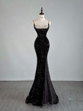 Niulatu Mermaid Spaghetti Straps Black Sequin Long Prom Dresses Evening Dress With Slit HZ1110