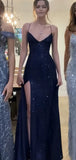 Niulatu Sheath Spaghetti Straps Slit Navy Blue Sequin Prom Dresses Evening Dress HZ1110
