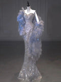 Niulatu Mermaid Strapless Sequin Long Silver Prom Dresses Evening Dress With Feather HZ1110