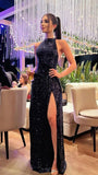 Niulatu Sheath Halter Slit Black Long Sequin Prom Dresses Evening Dress HZ1110