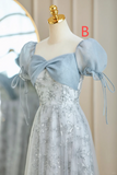 Niulatu Blue A Line Chiffon Tulle Lace Long Bridesmaid Dress HZ1110