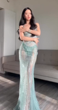 Niulatu Mermaid Spaghetti Straps Sequin Green Long Prom Dresses Evening Dress HZ1110