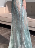 Niulatu Mermaid Spaghetti Straps Sequin Green Long Prom Dresses Evening Dress HZ1110