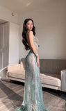 Niulatu Mermaid Spaghetti Straps Sequin Green Long Prom Dresses Evening Dress HZ1110