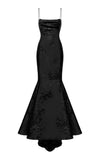 Niulatu Mermaid Spaghetti Straps Black Floral Satin Long Prom Dresses Evening Dress HZ1110