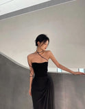Niulatu A line Strapless Black Satin Prom Dresses Evening Dress HZ1110
