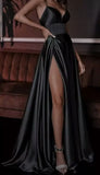 Niulatu A line Spaghetti Straps Black Satin Slit Long Prom Dresses Evening Dress HZ1110