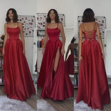 Niulatu A line Spaghetti Straps Red Satin Slit Long Prom Dresses Evening Dress HZ1110