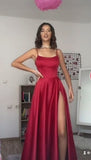 Niulatu A line Spaghetti Straps Red Satin Slit Long Prom Dresses Evening Dress HZ1110