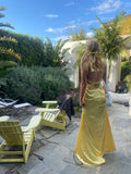 Niulatu Sheath Spaghetti Straps Yellow Satin Long Prom Dresses Evening Dress HZ1110