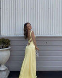 Niulatu Sheath Spaghetti Straps Yellow Satin Long Prom Dresses Evening Dress HZ1110