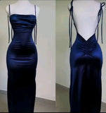 Niulatu Sheath Spaghetti Straps Navy Blue Satin Prom Dresses Evening Dress HZ1110