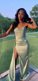 Niulatu Mermaid Strapless Mint Green Long Satin Slit Prom Dresses Evening Dress HZ1110
