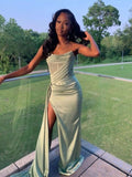 Niulatu Mermaid Strapless Mint Green Long Satin Slit Prom Dresses Evening Dress HZ1110