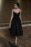 Niulatu A Line Spaghetti Straps Sleeveless Black Satin Prom Dresses Evening Dress HZ1110