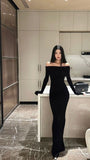 Niulatu Sheath Off The Shoulder Black Long Sleeves Backless Prom Dresses Long Evening Dress HZ1110