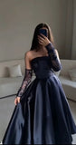 Niulatu Ball Gown Navy Blue Strapless With Long Sleeves Prom Dresses Long Evening Dress HZ1110