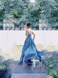 Niulatu A Line Sweetheart Blue Fold Slit Prom Dresses Long Evening Dress HZ1110