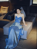 Niulatu A Line Sweetheart Blue Fold Slit Prom Dresses Long Evening Dress HZ1110