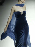 Niulatu Sheath Strapless Navy Blue Beads Velvet Prom Dresses Long Evening Dress HZ1110