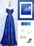 Niulatu A line Off The Shoulder Long Royal Blue Sequin Floor Length Prom Dresses HZ1110