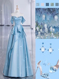 Niulatu Ball Gown Off The Shoulder Long Light Blue Satin Floor Length Prom Dresses HZ1110