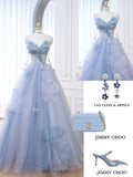 Niulatu Ball Gown Sweetheart Tulle Long Blue Floor Length Prom Dresses HZ1110