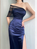Niulatu Sheath One Shoulder Sleeveless Navy Blue Slit Satin Prom Dresses Long Evening Dress HZ1110