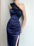 Niulatu Sheath One Shoulder Sleeveless Navy Blue Slit Satin Prom Dresses Long Evening Dress HZ1110