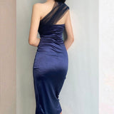Niulatu Sheath One Shoulder Sleeveless Navy Blue Slit Satin Prom Dresses Long Evening Dress HZ1110