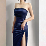 Niulatu Sheath One Shoulder Sleeveless Navy Blue Slit Satin Prom Dresses Long Evening Dress HZ1110