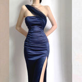 Niulatu Sheath One Shoulder Sleeveless Navy Blue Slit Satin Prom Dresses Long Evening Dress HZ1110