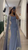 Niulatu Sheath Square Neckline With Long Sleeves Blue Beads Prom Dresses Long Evening Dress HZ1110