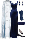 Niulatu Sheath Straps Navy Blue Velvet Slit Prom Dresses Long Evening Dress HZ1110